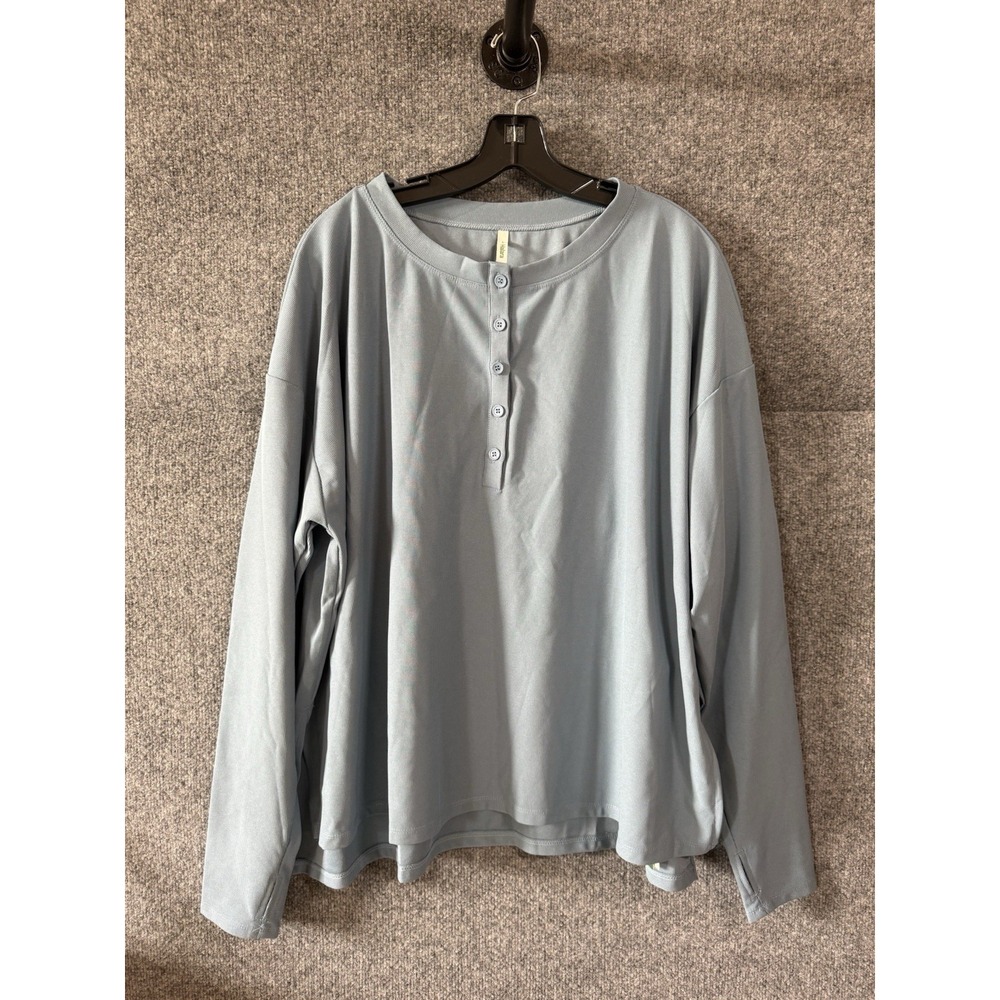 HALARA Women's LIght Blie Button Front Thumb Hole Waffle Sweatshirt XL Q13